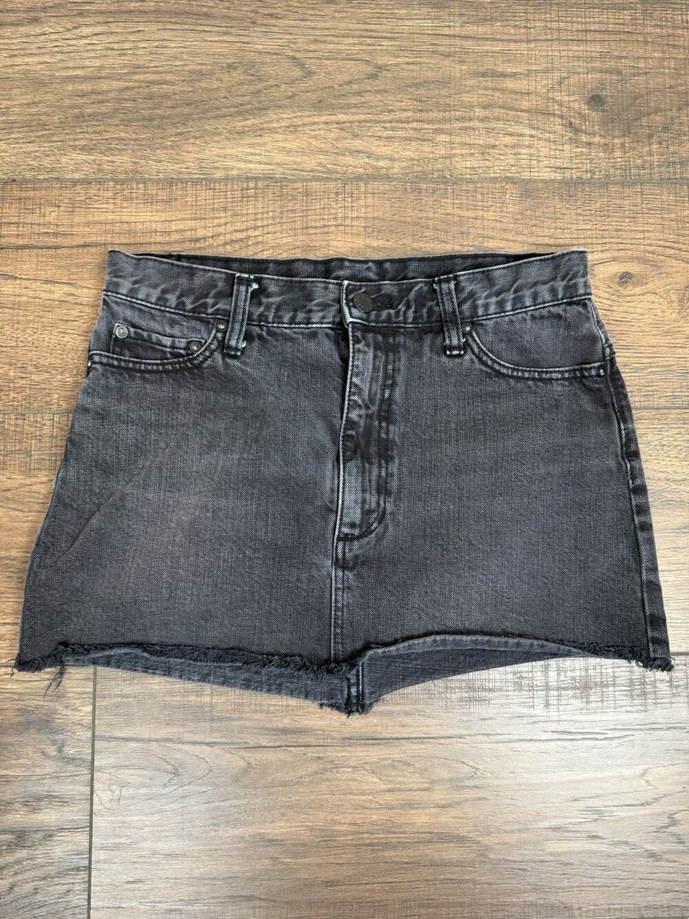 Free People Women’s Size 2 Black Denim Mini Jean Skirt Distressed Raw Hem